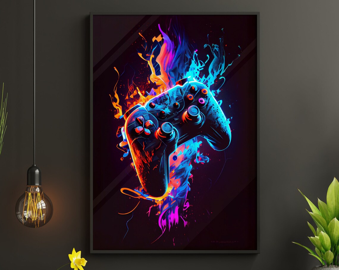 Neon Flaming Game Controller Poster Colorful Gaming Room Art - Image 2