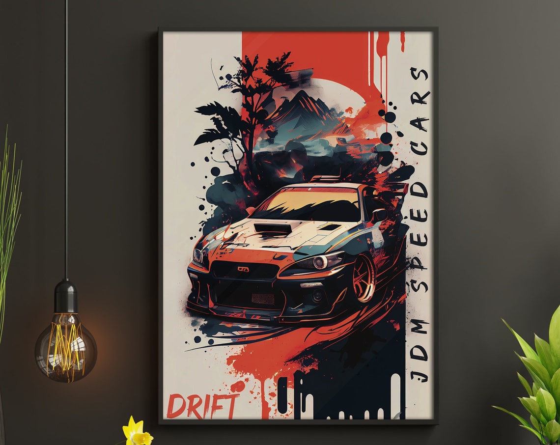JDM Drift Car Poster Japanese Racing Art with Red Sun Design