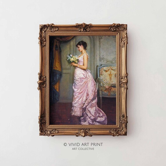 Lady in Pink Gown Holding a Bouquet Romantic Portrait Poster