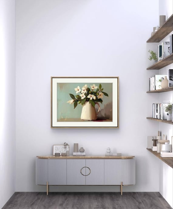White Flowers Ceramic Pitcher Soft Still Life Kitchen Painting Poster