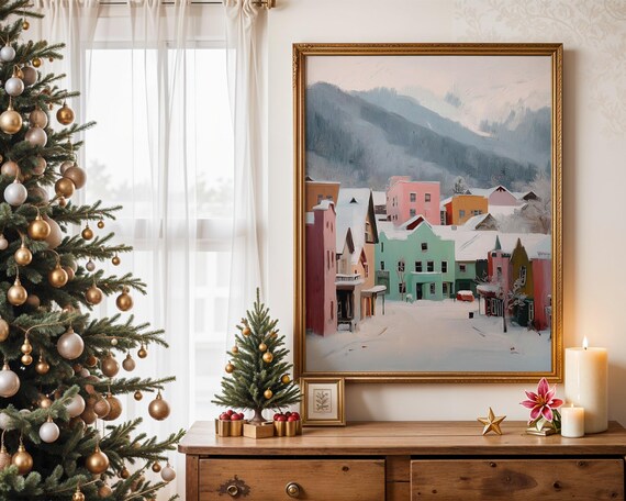 Cozy Pastel Snowy Village Winter Wonderland Landscape Poster