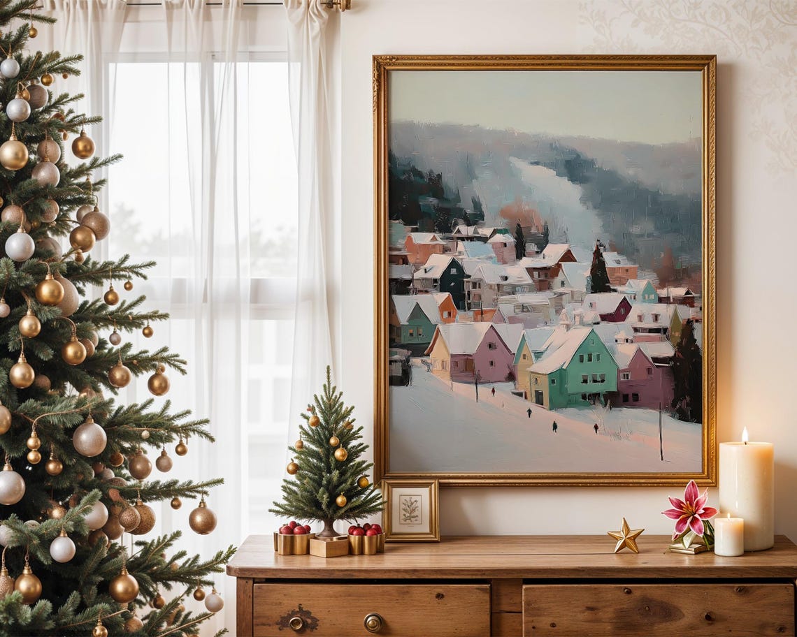 Snowy Pastel Village Colorful Houses Winter Landscape Poster