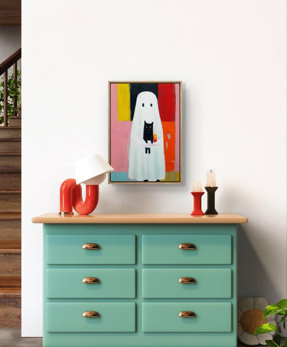 Cute Ghost Holding Black Cat Colorful Spooky Halloween Art Print
