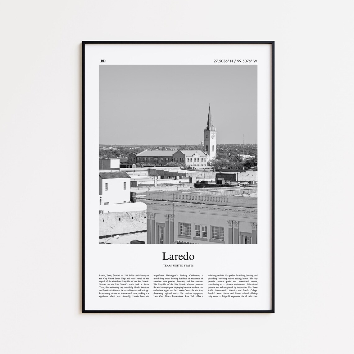 Laredo Texas Black and White Historic Downtown Travel Poster