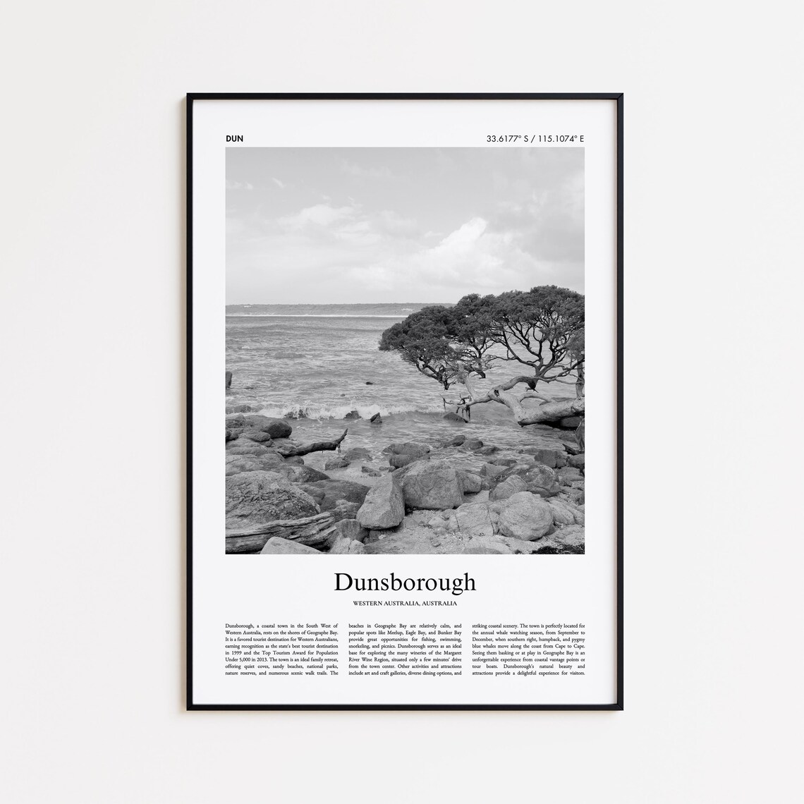 Dunsborough Rocky Beach Black and White Photo Poster Western Australia
