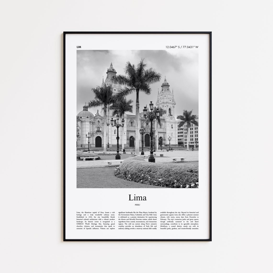 Lima Peru Black And White Colonial Plaza Photo City Travel Print