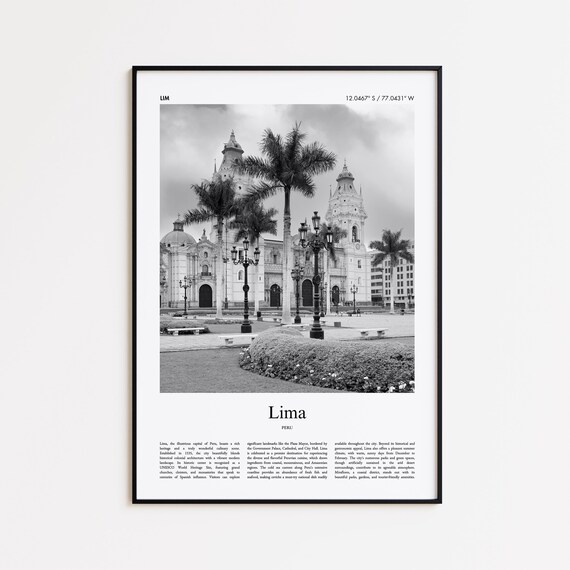 Lima Peru Black And White Colonial Plaza Photo City Travel Print