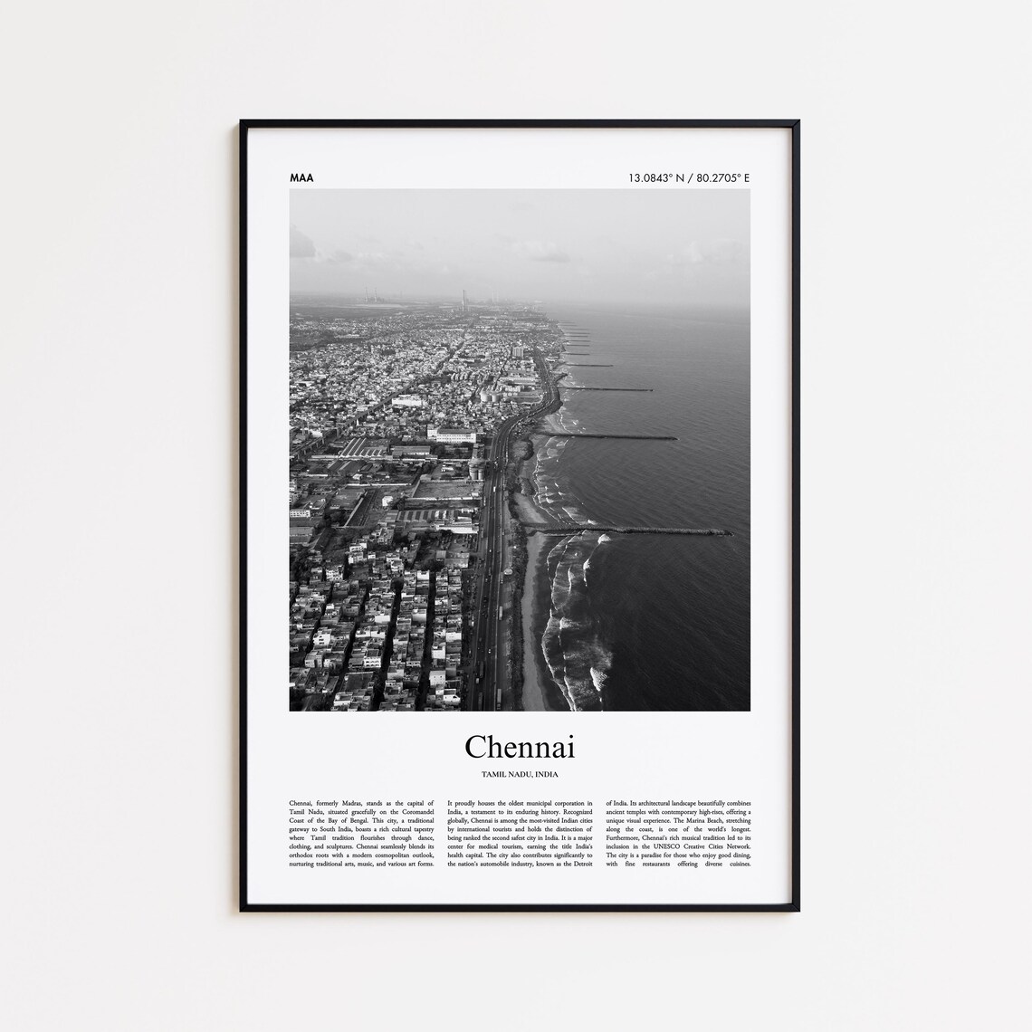 Chennai Black and White Travel Poster, Tamil Nadu