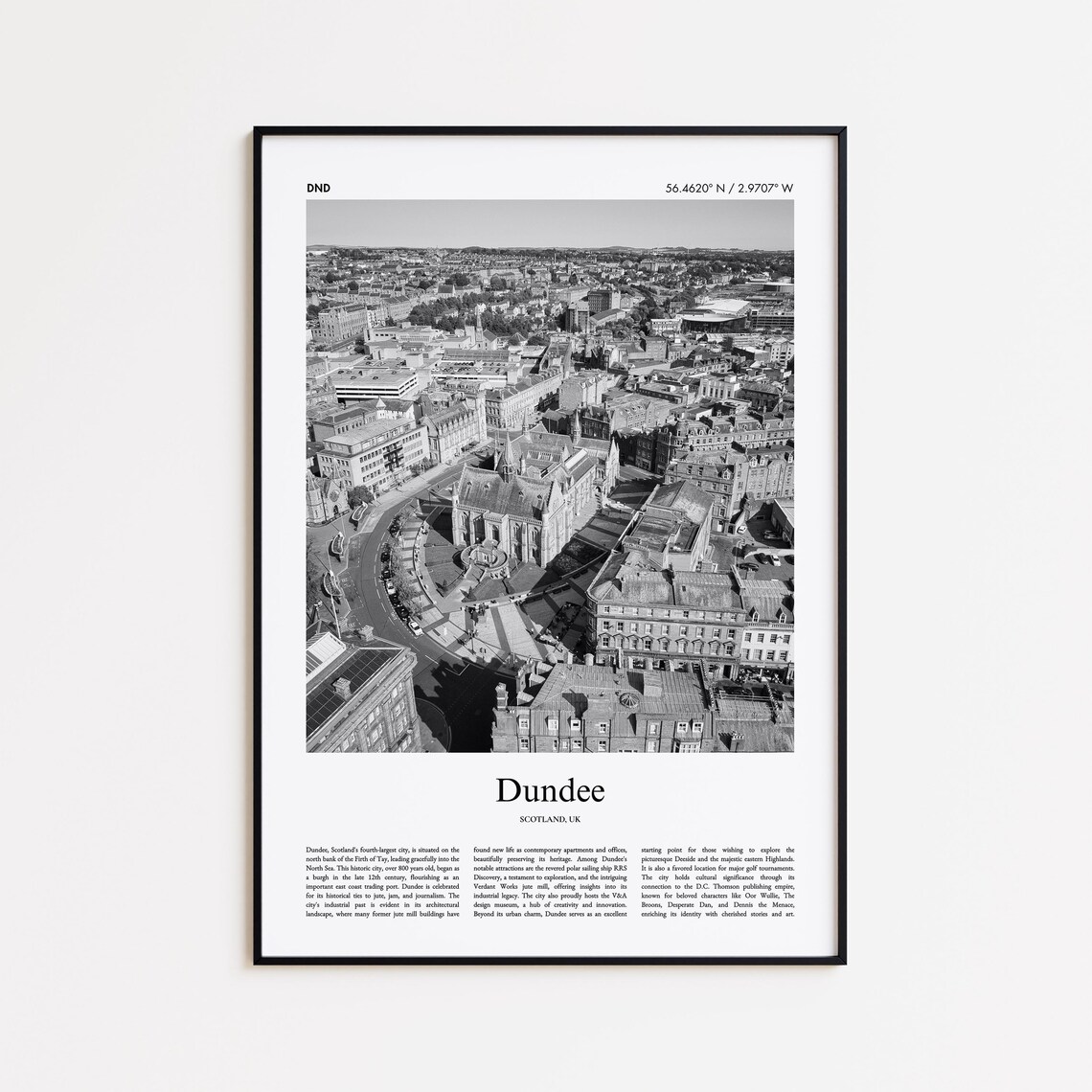 Dundee Scotland Aerial City View Black And White Travel Poster