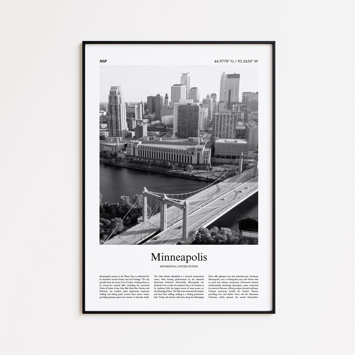 Minneapolis Minnesota Skyline Bridge Black And White Photo Poster