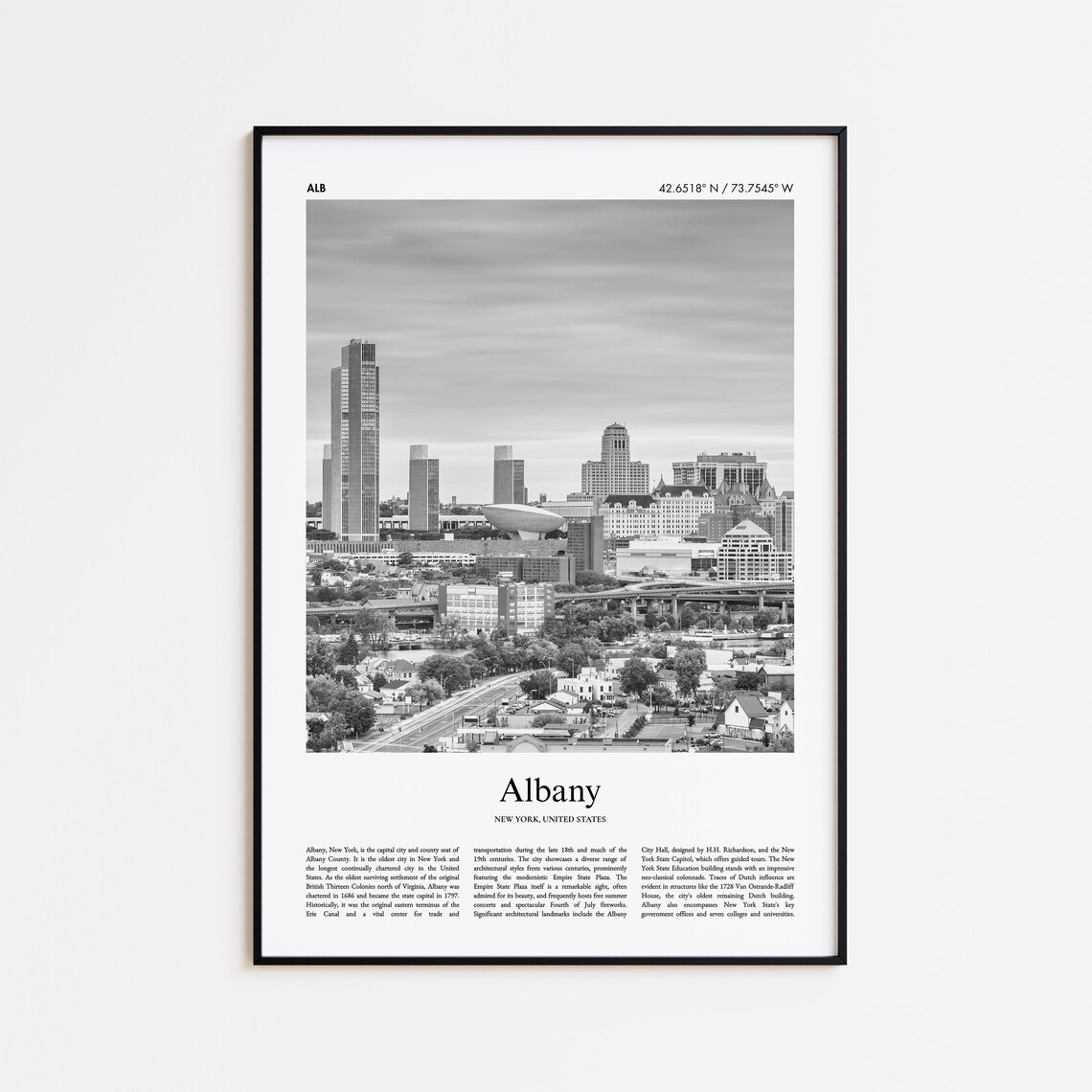 Albany Black and White Travel Poster, New York