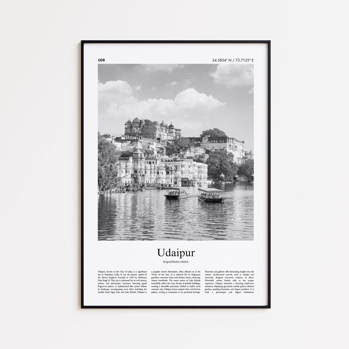 Udaipur City Palace Lake Pichola Black And White Travel Poster