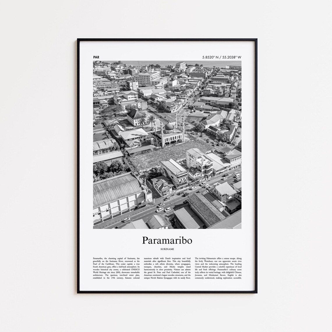 Paramaribo Black and White Travel Poster, Suriname