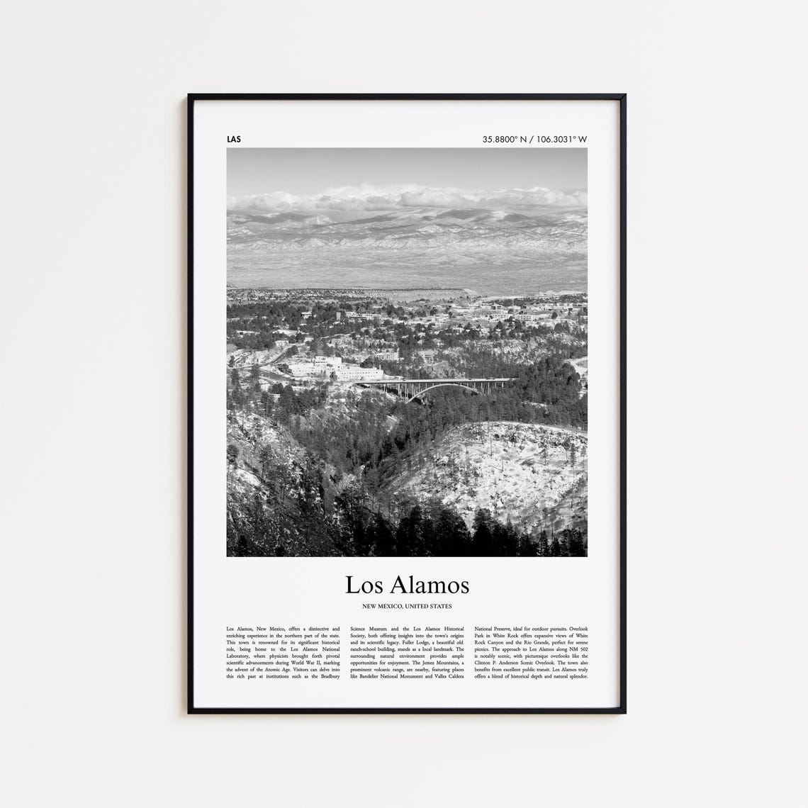 Los Alamos New Mexico Aerial City View Black And White Poster