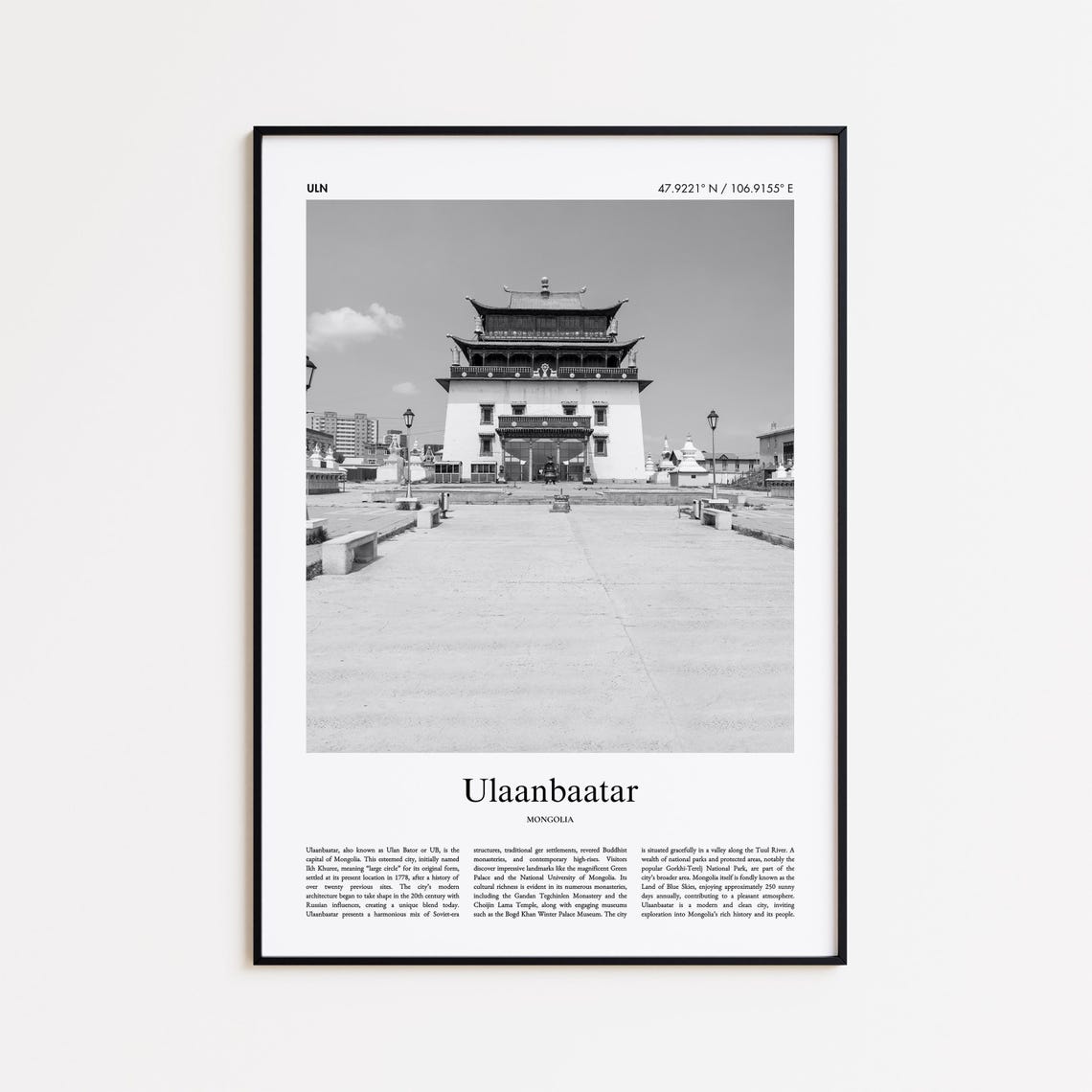 Ulaanbaatar Mongolia Black And White Photography Poster Temple