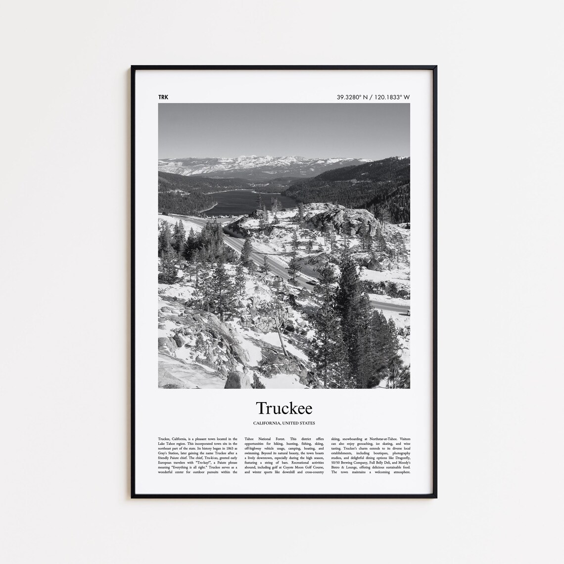 Truckee California Black and White Winter Snowy Lake Photo Poster