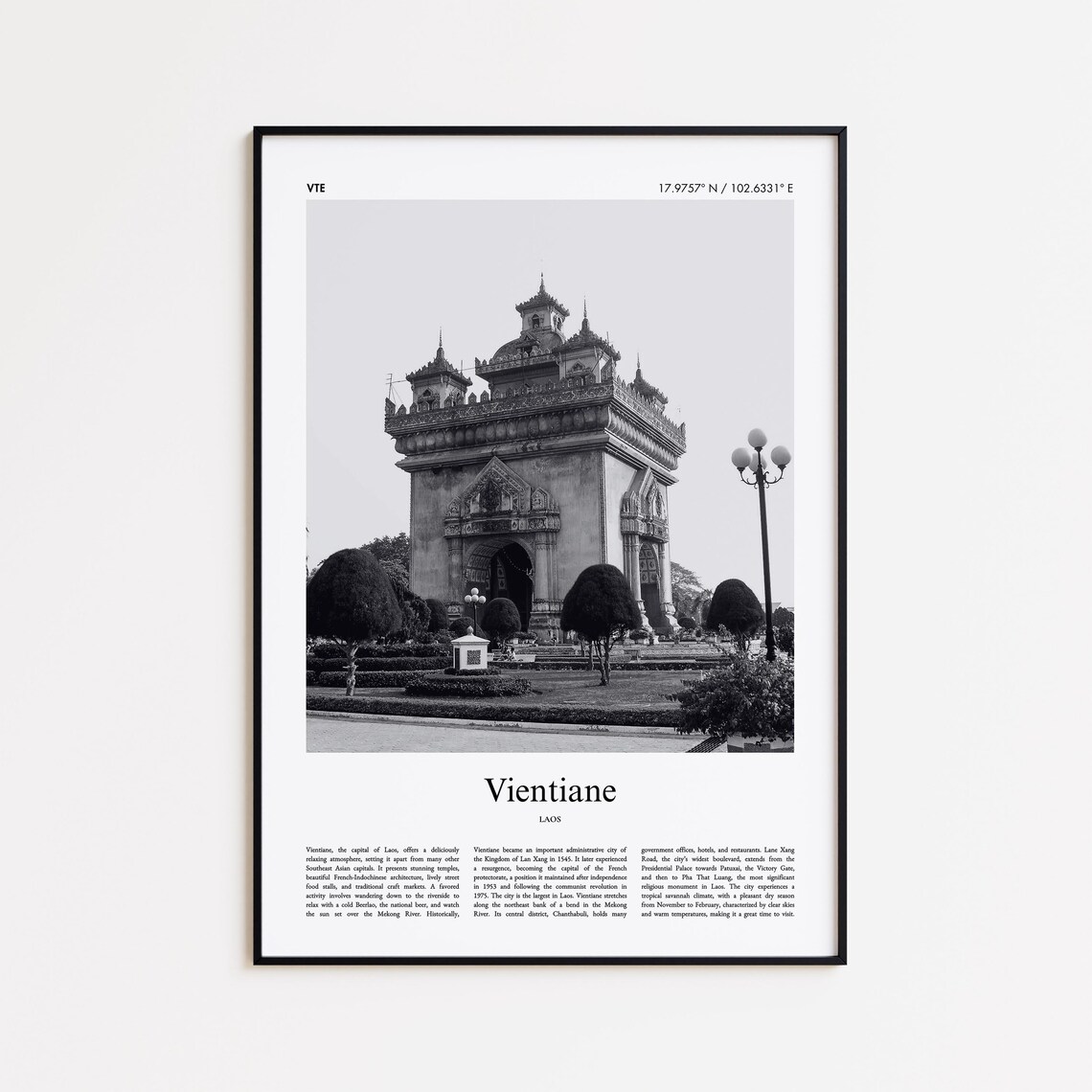 Vientiane Laos Black And White Photography Poster Patuxay Monument