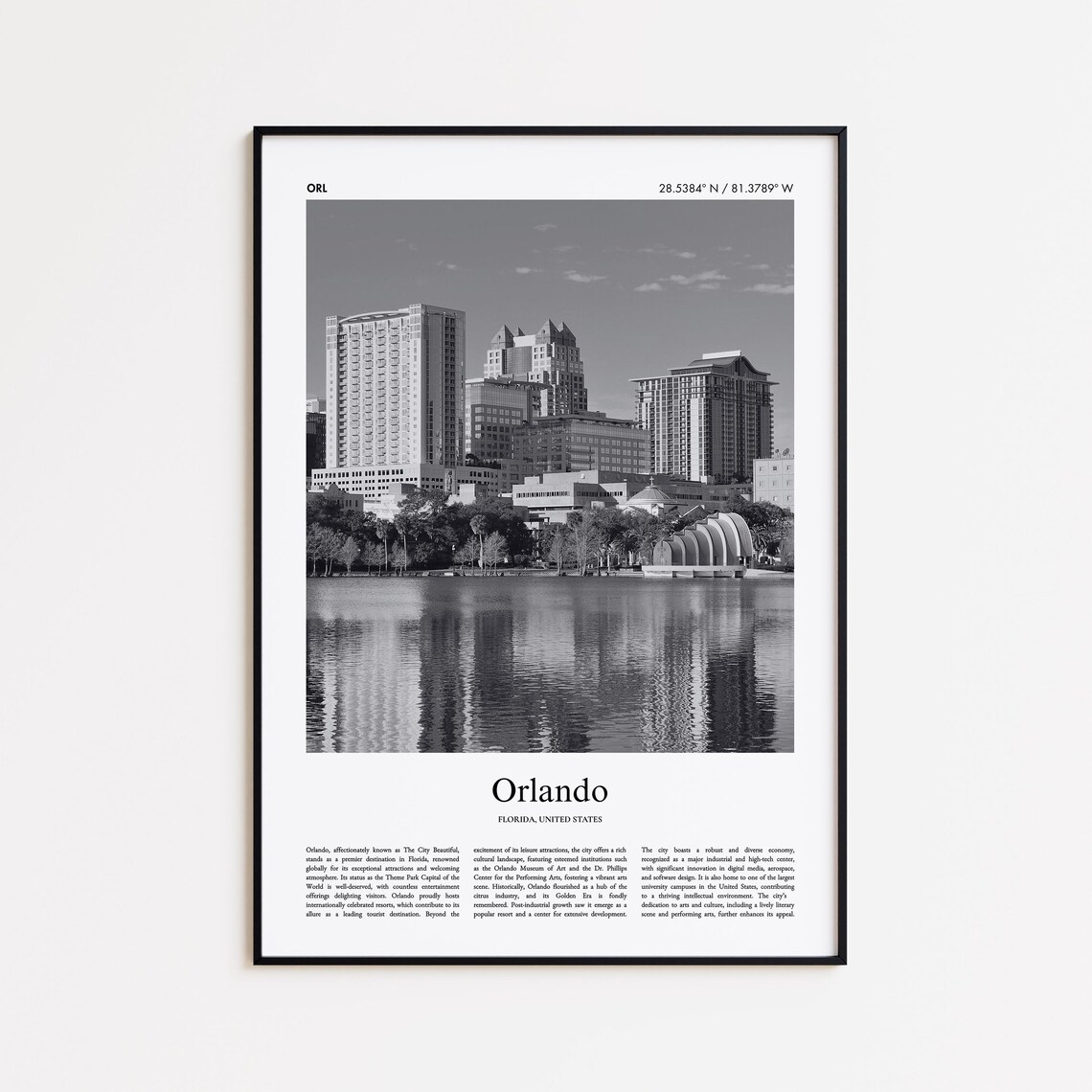 Orlando Florida Black And White Downtown Skyline City Photo Print