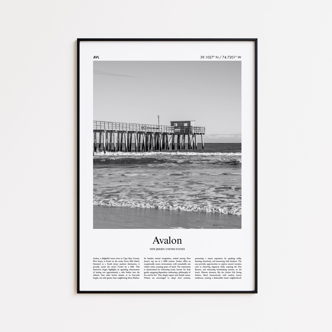 Avalon New Jersey Black and White Fishing Pier Travel Poster