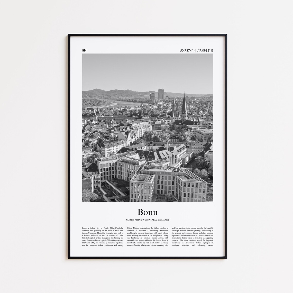 Bonn Cityscape Old Town Black White Photo Germany Travel Poster