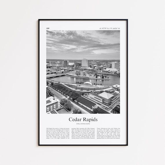Cedar Rapids Iowa River Skyline Black and White Travel Poster