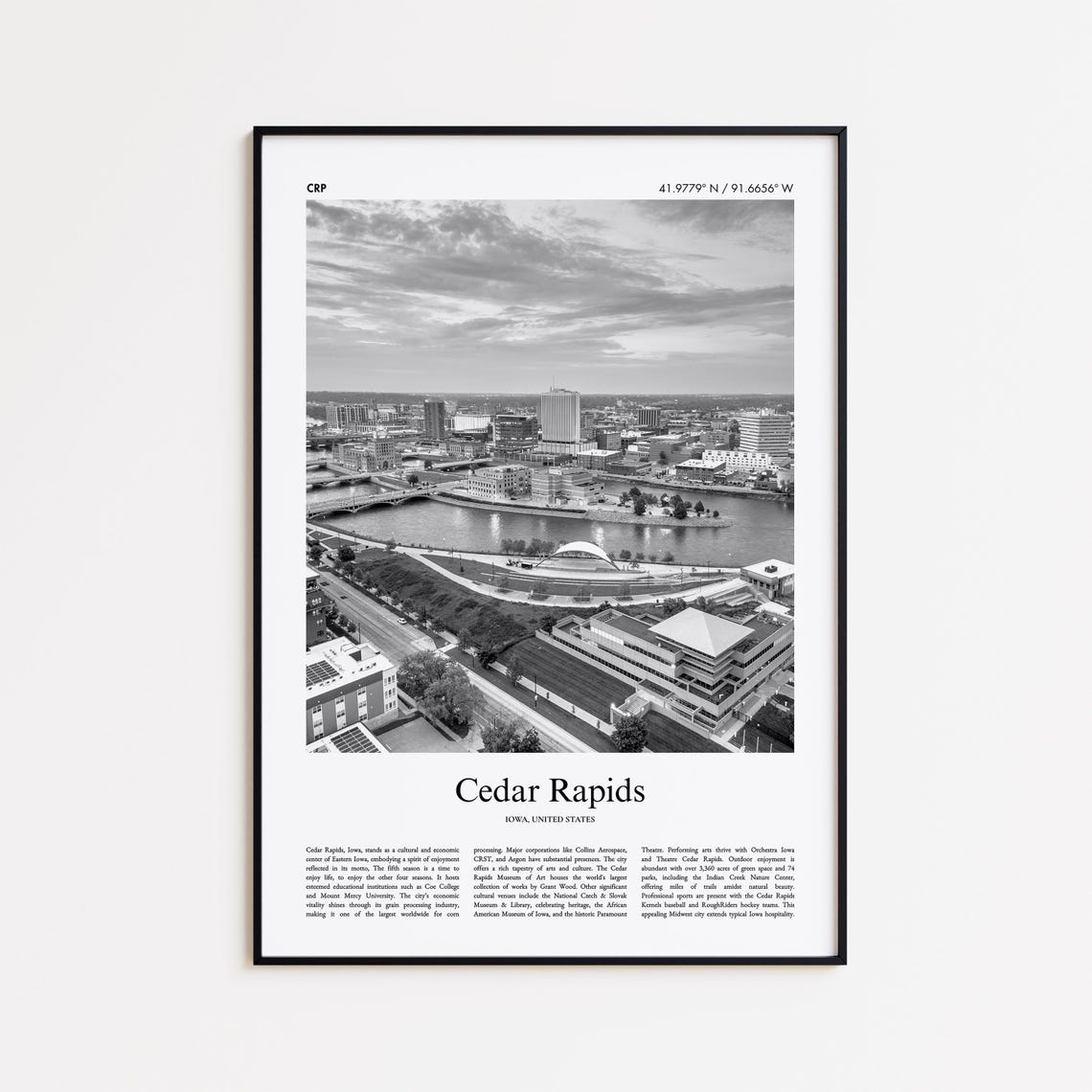 Cedar Rapids Iowa River Skyline Black and White Travel Poster