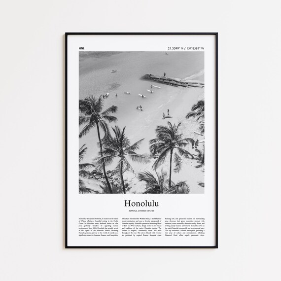 Honolulu Hawaii Waikiki Beach Palms Black And White Surf Photo Poster