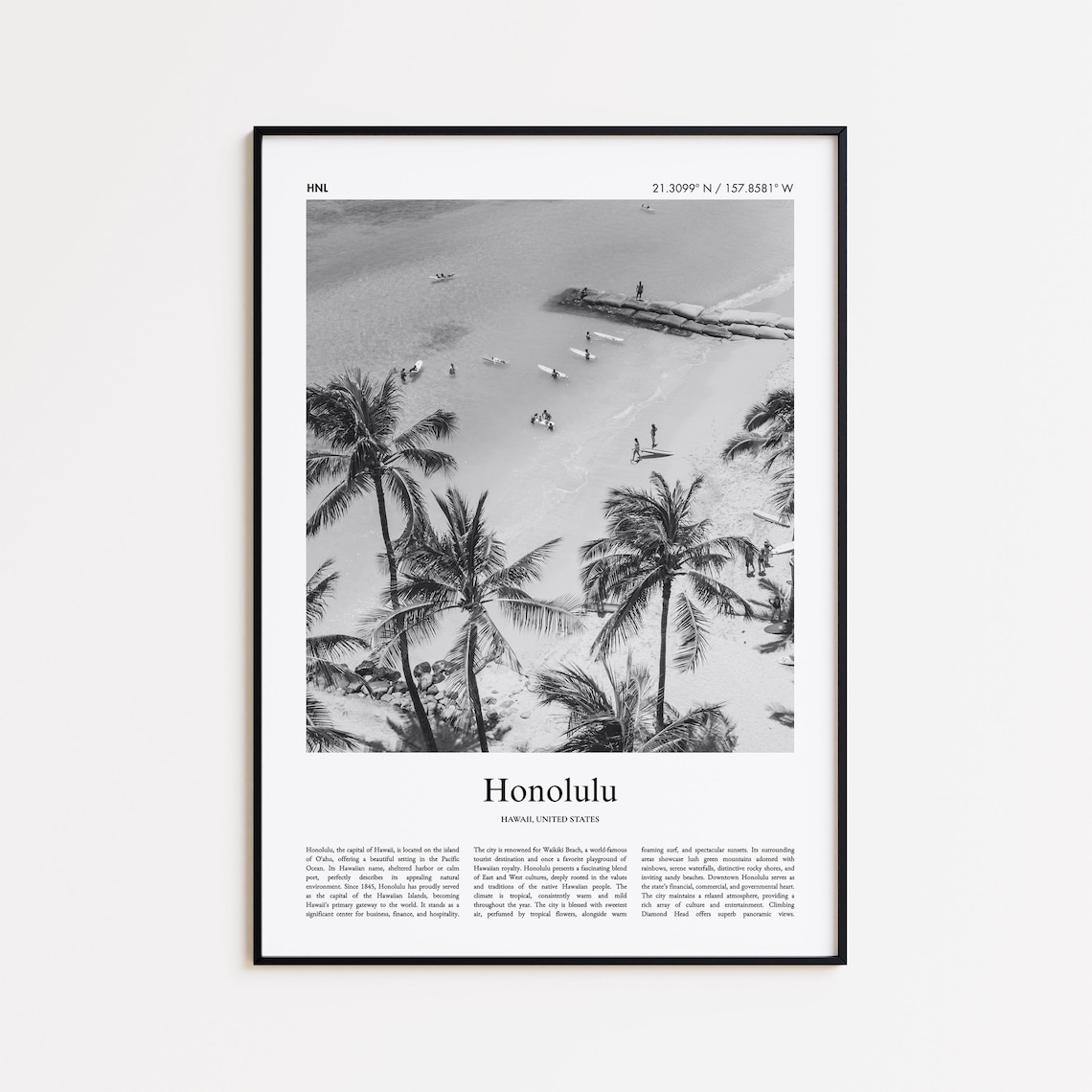 Honolulu Hawaii Waikiki Beach Palms Black And White Surf Photo Poster