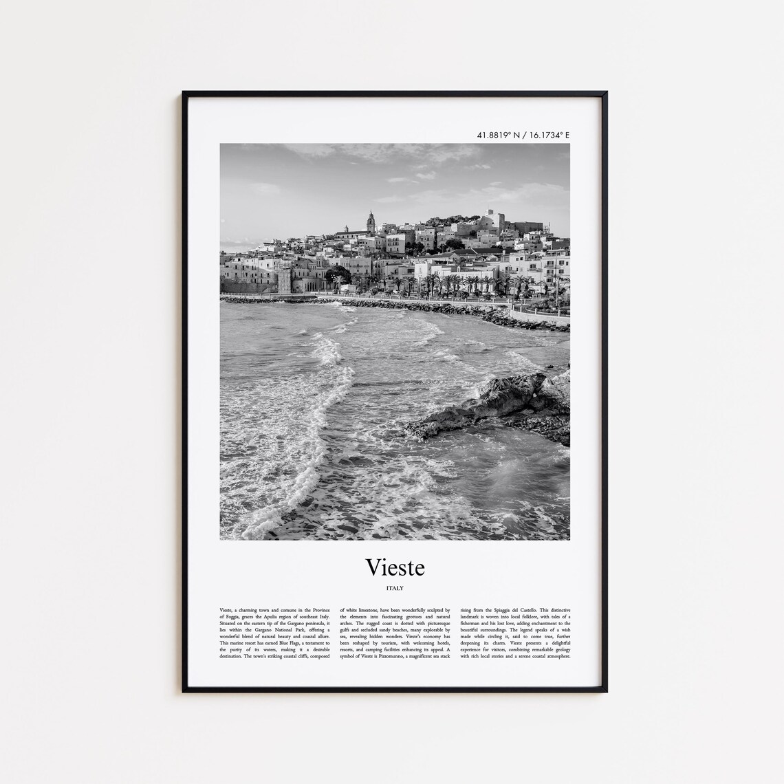 Vieste Italy Coastal Town Beach Black and White Photo Poster