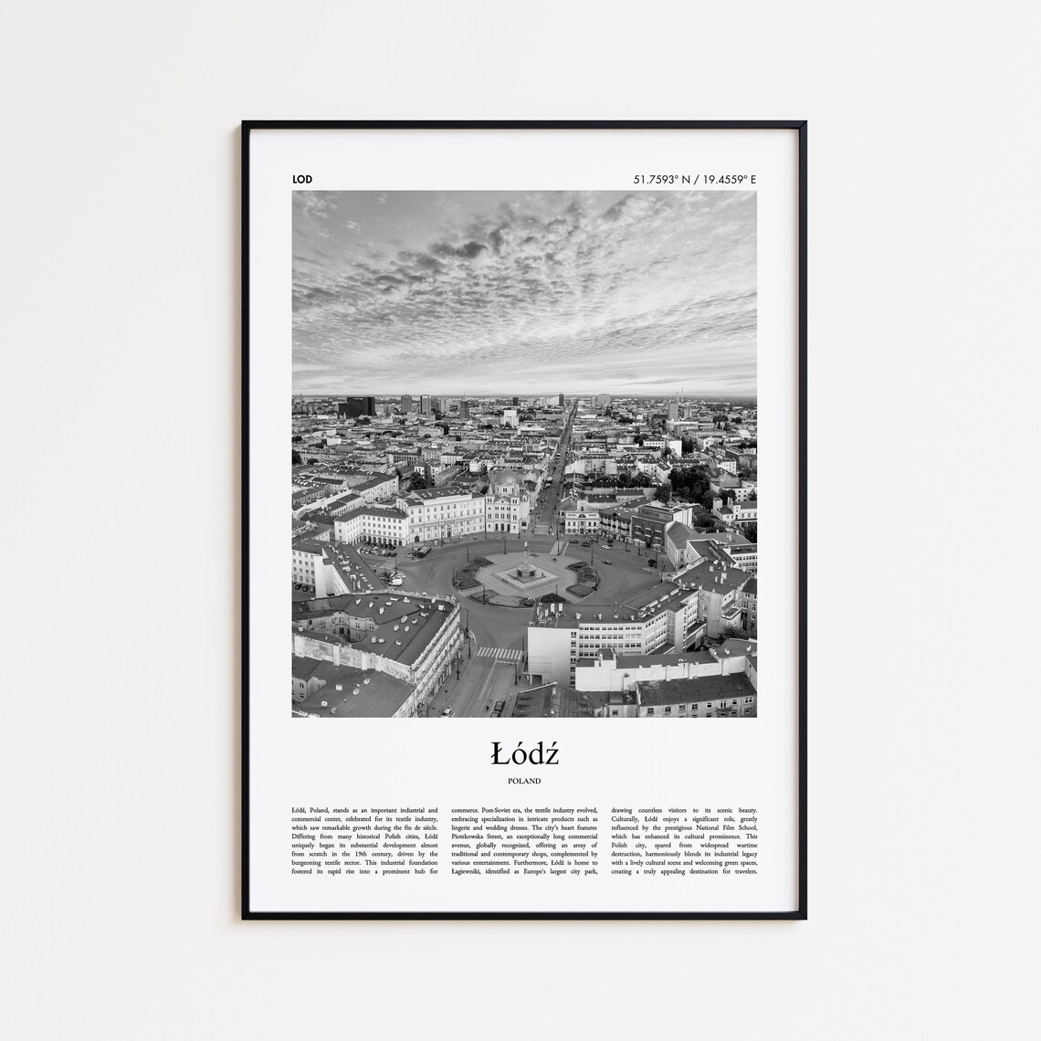 Lodz Poland Aerial Cityscape Downtown Black and White Photo Poster