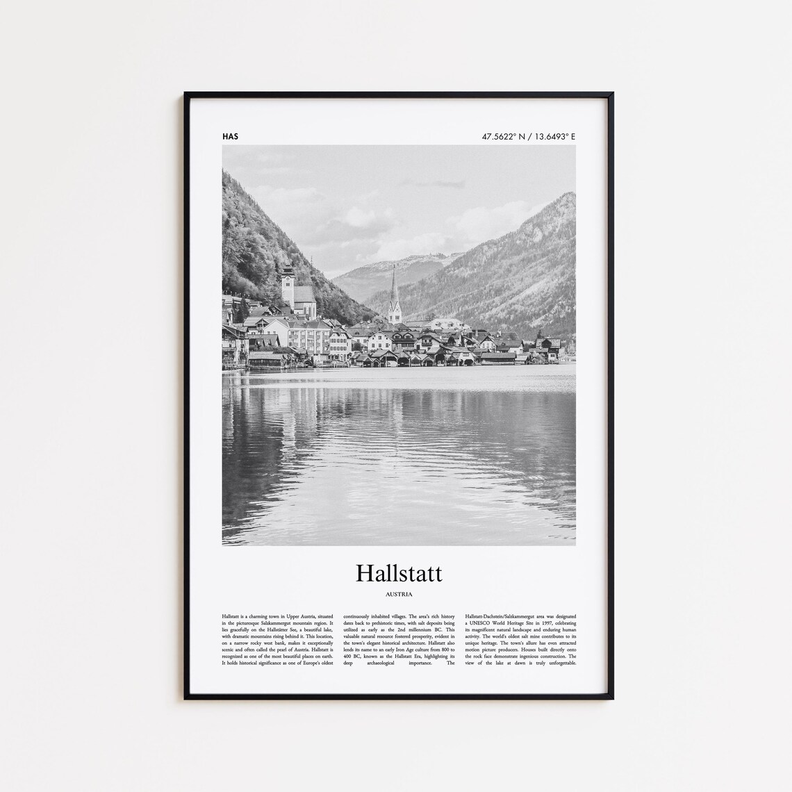 Hallstatt Austria Black And White Lakeside Village Photo Poster