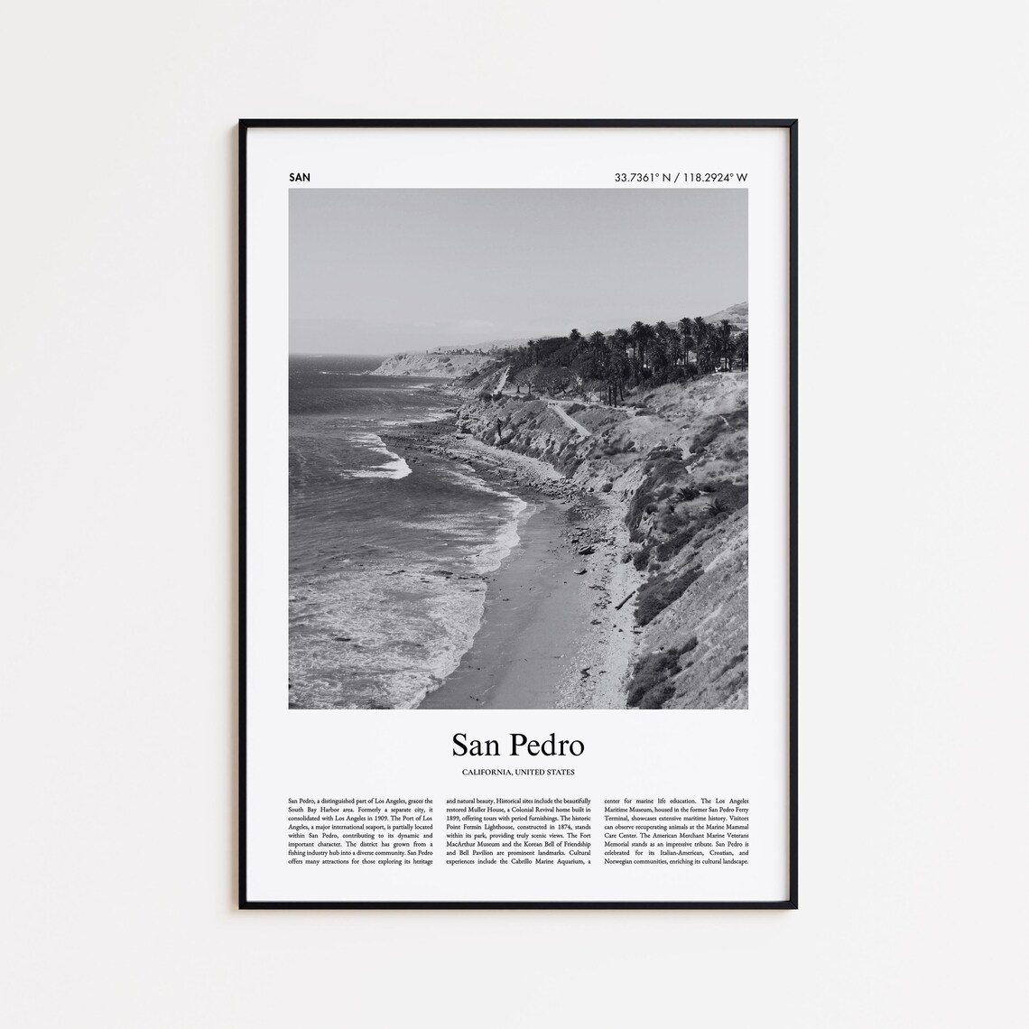 San Pedro California Black And White Ocean Cliffs Photo Poster