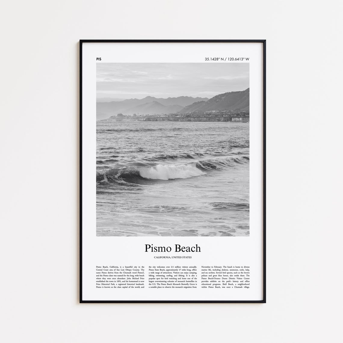 Pismo Beach California Rolling Surf Waves Black White Photo Poster