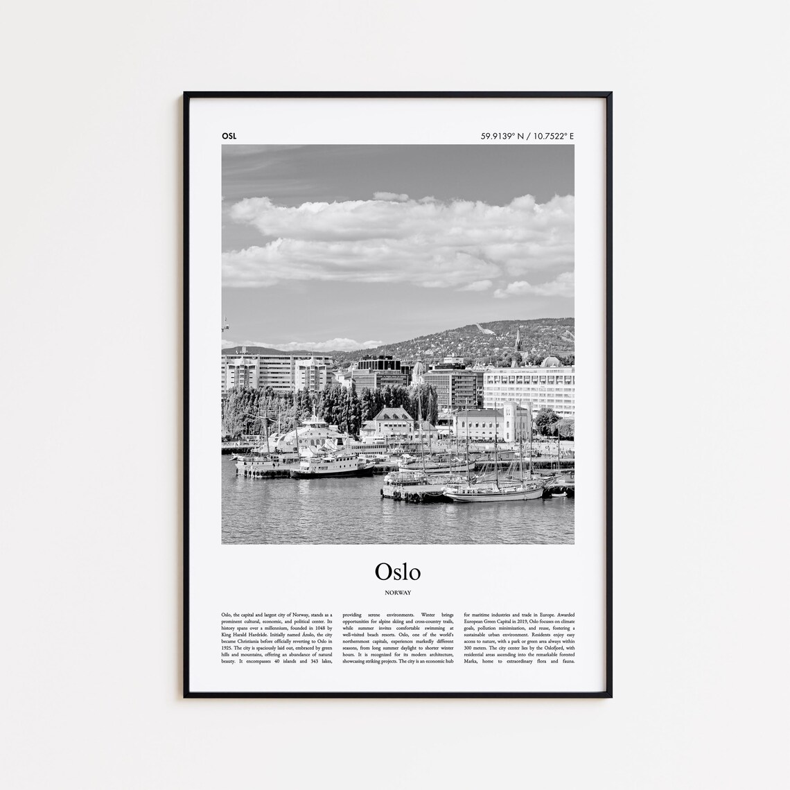 Oslo Norway Black and White Harbor and Boats Photo Travel Poster