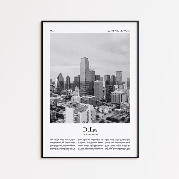 Dallas Texas Downtown Skyline View Black and White Travel Poster