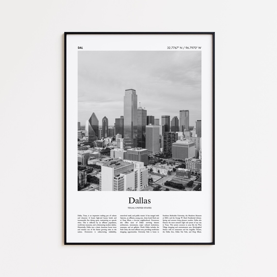 Dallas Texas Downtown Skyline View Black and White Travel Poster