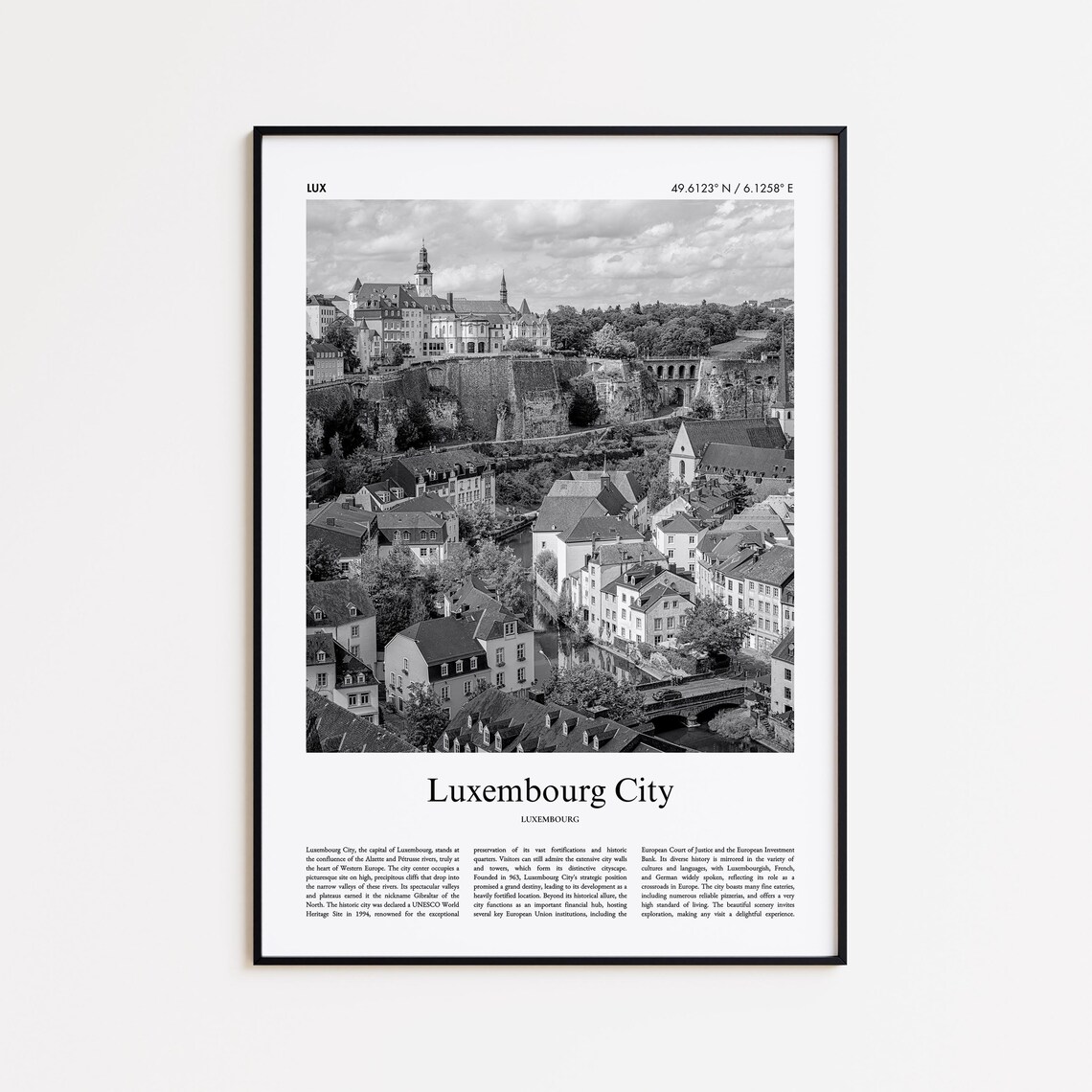 Luxembourg City Black And White Old Town Cliffs Photo Poster