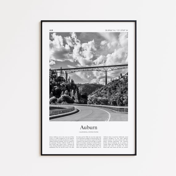 Auburn California Black and White Bridge Historic Travel Poster