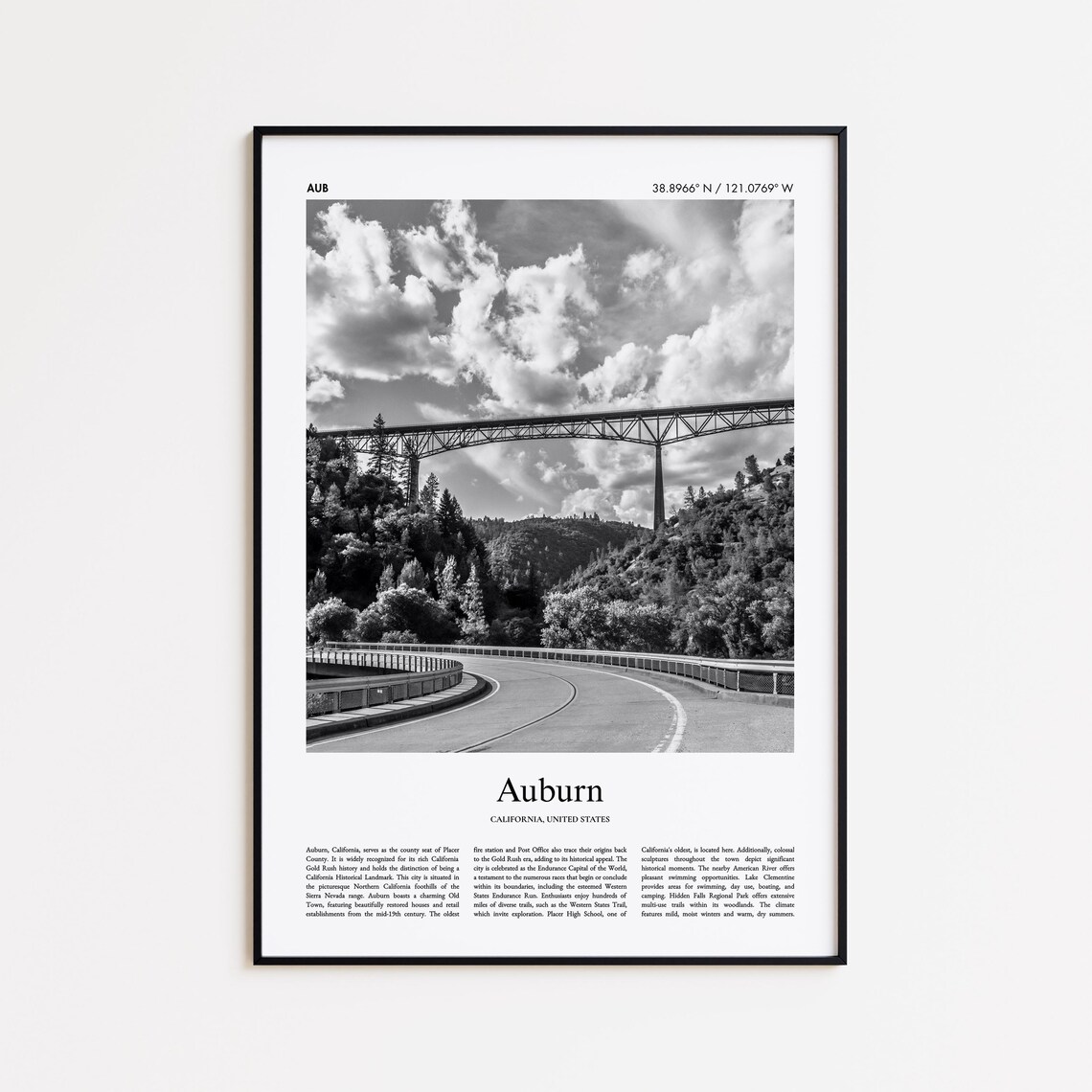 Auburn California Black and White Bridge Historic Travel Poster