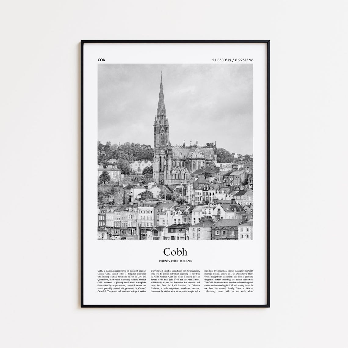 Cobh Ireland Black and White Cathedral Harbor Town Travel Poster