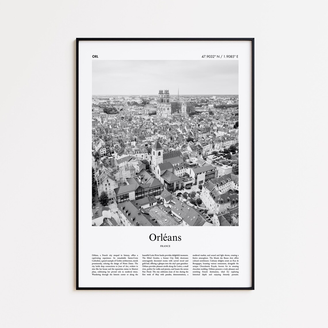 Orleans France Black and White Cathedral Old Town Photo Poster