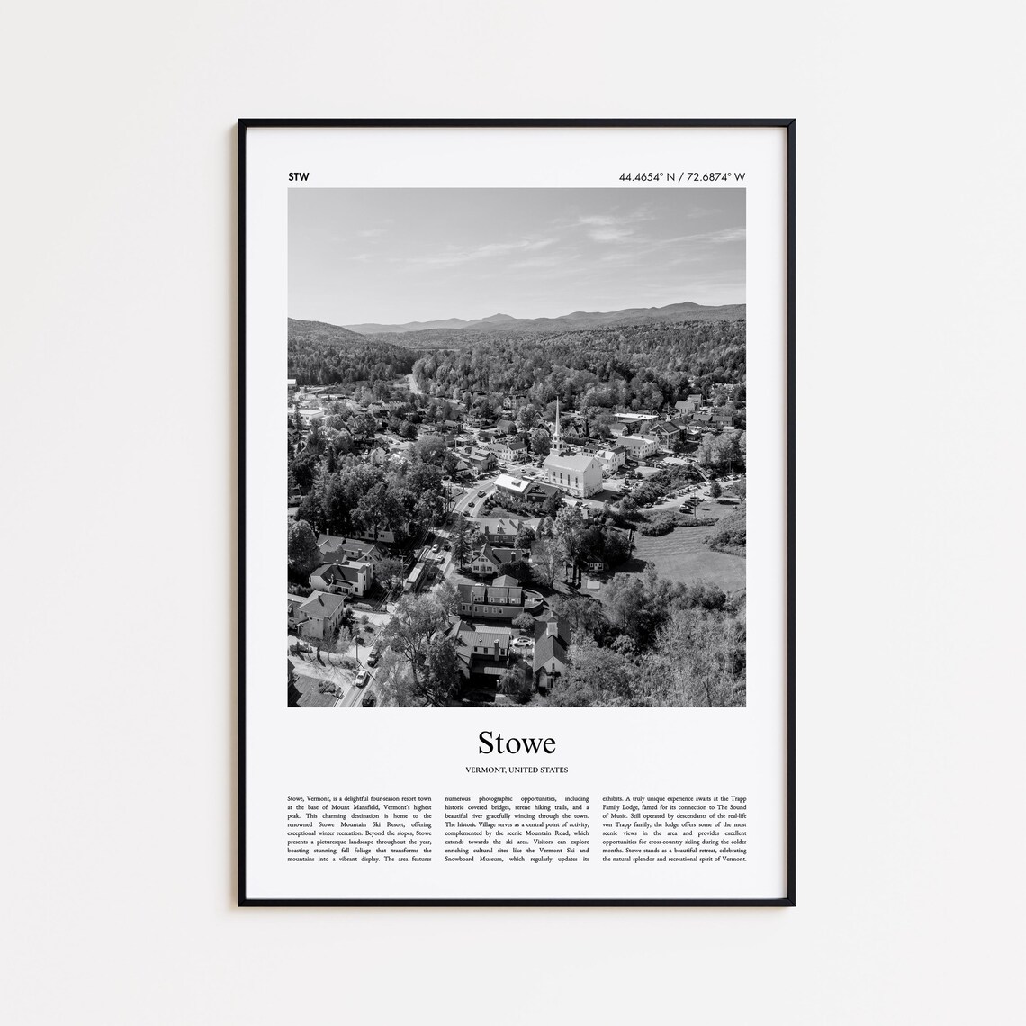 Stowe Vermont Aerial Mountain Town Snowy Black White Photo Print