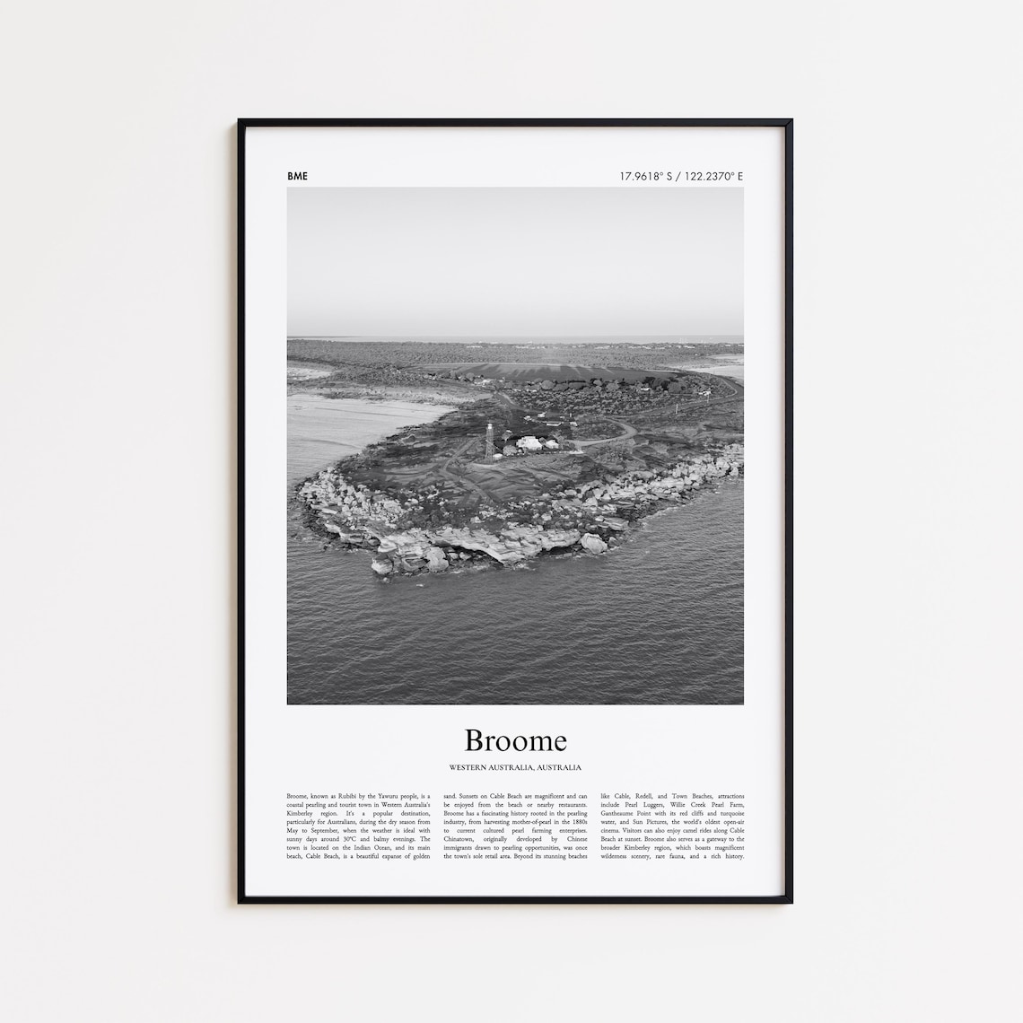 Broome Western Australia Aerial Coastline Black And White Art Poster