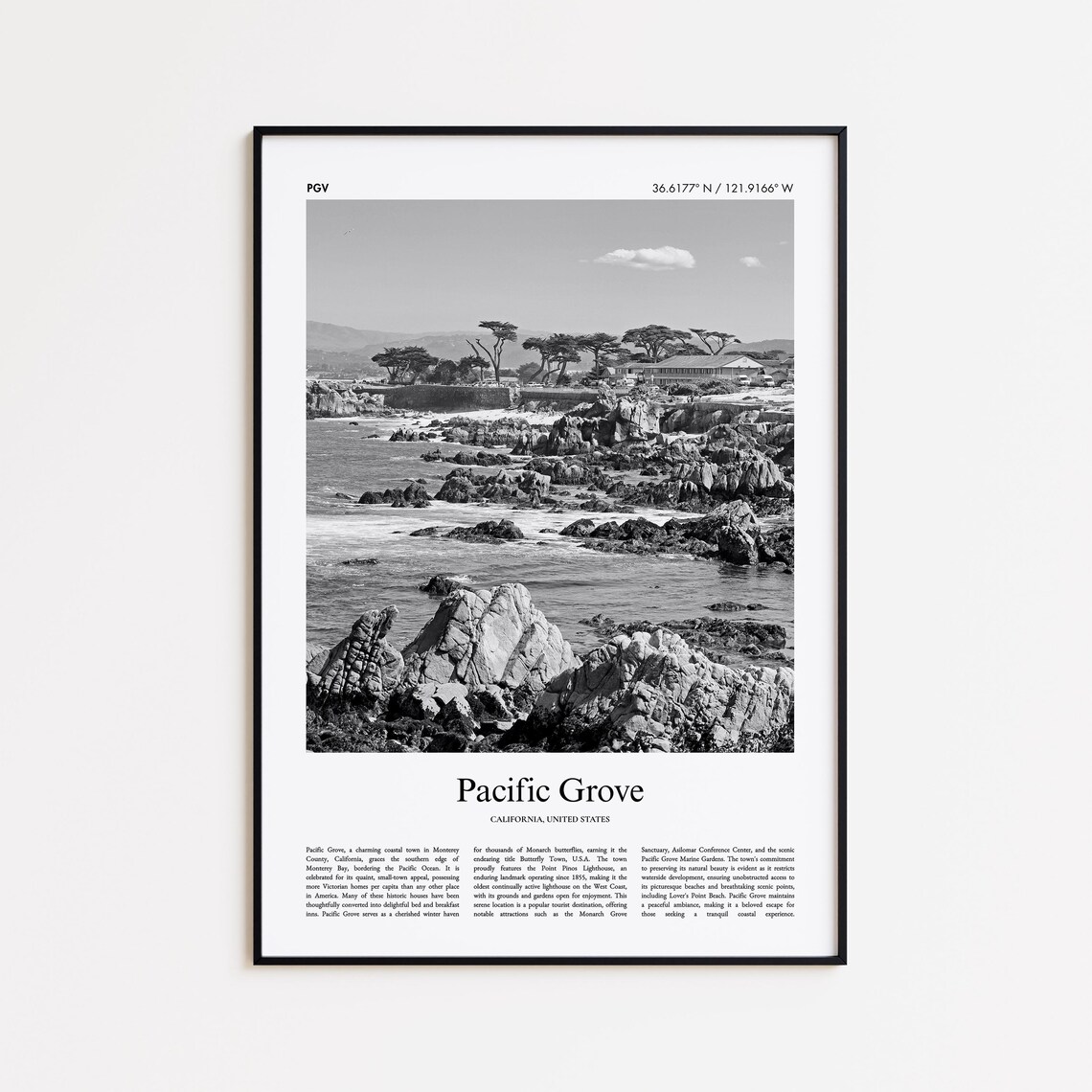Pacific Grove California Black and White Coastal Photo Print