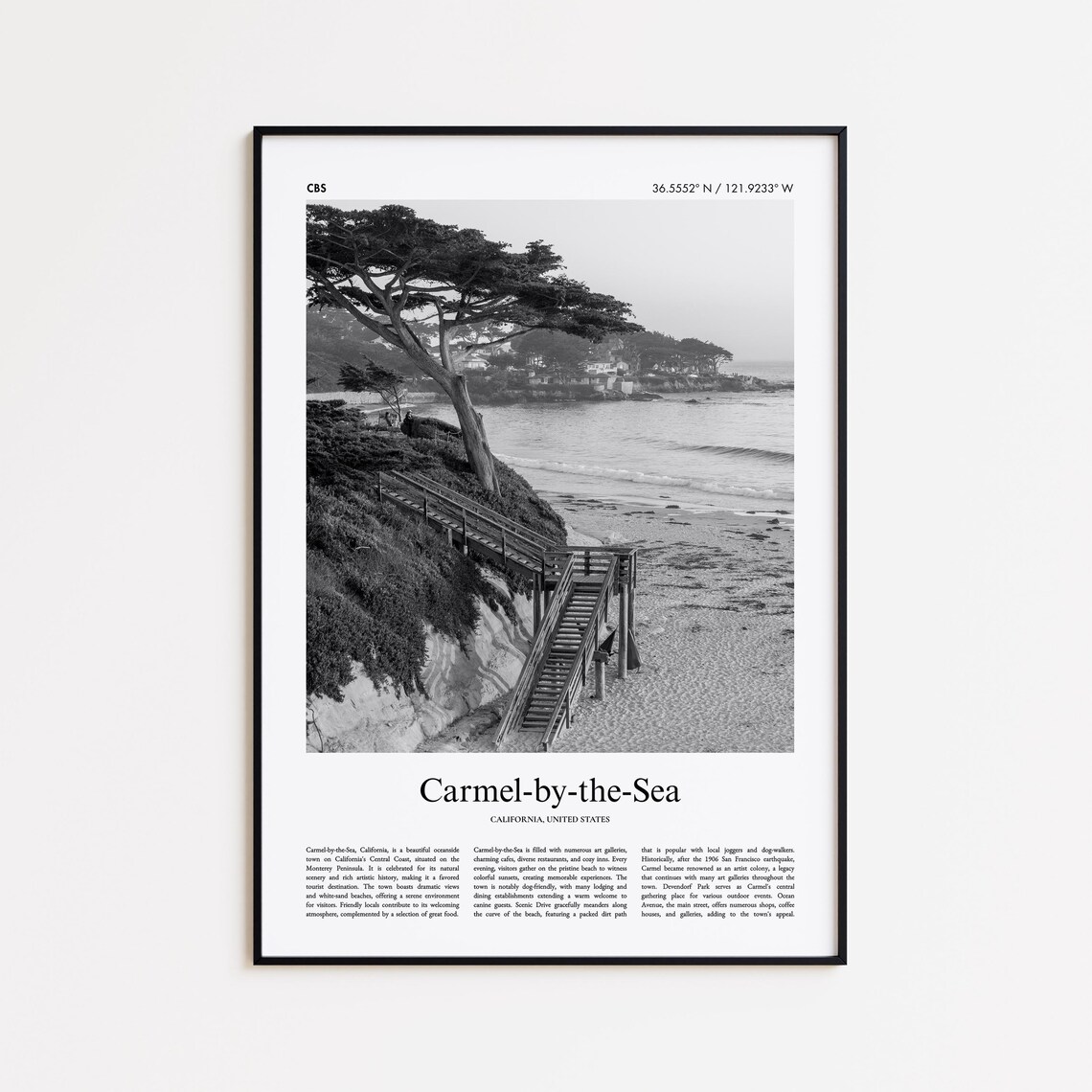 Carmel by the Sea California Black and White Beach Travel Poster