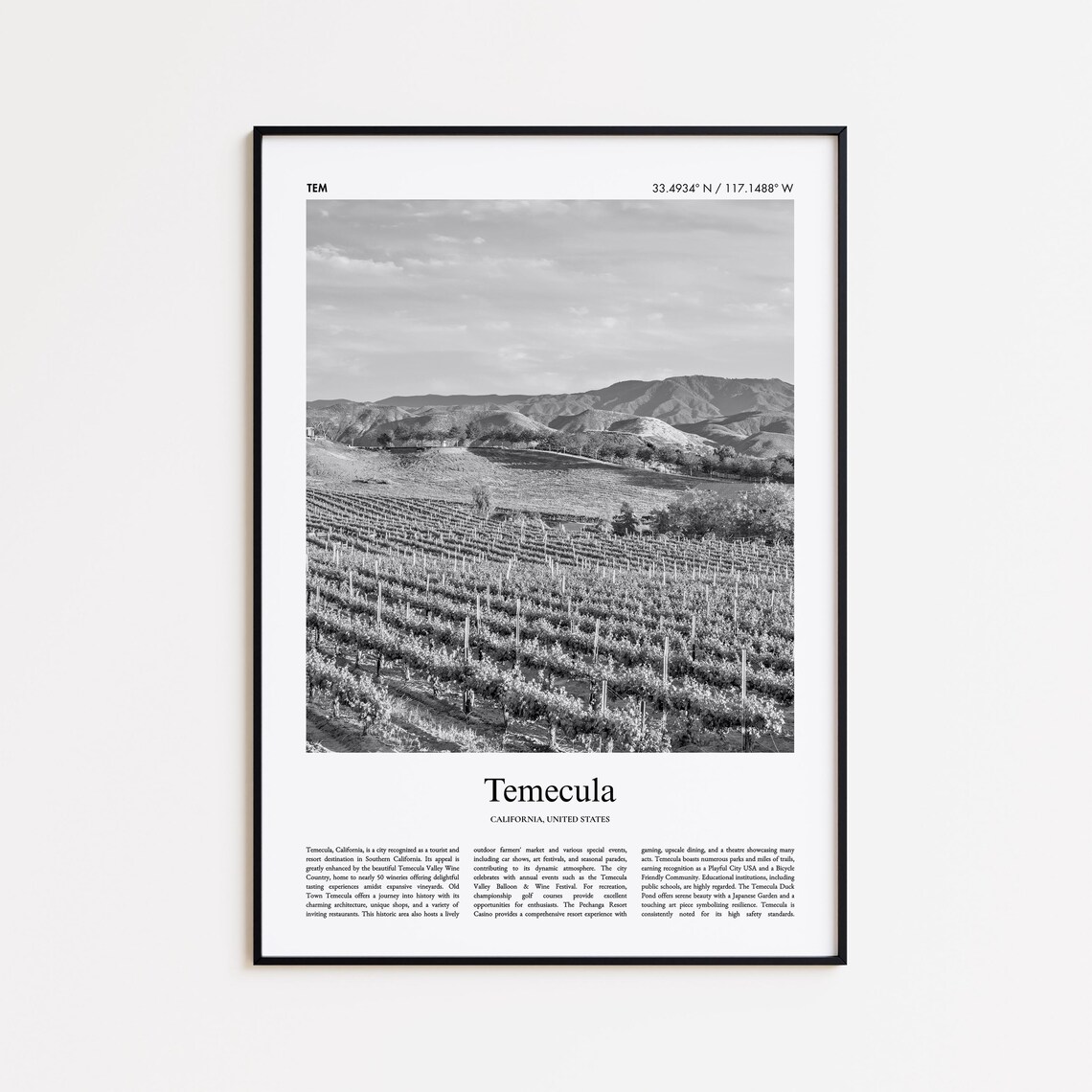 Temecula California Vineyard Hills Black And White Travel Poster