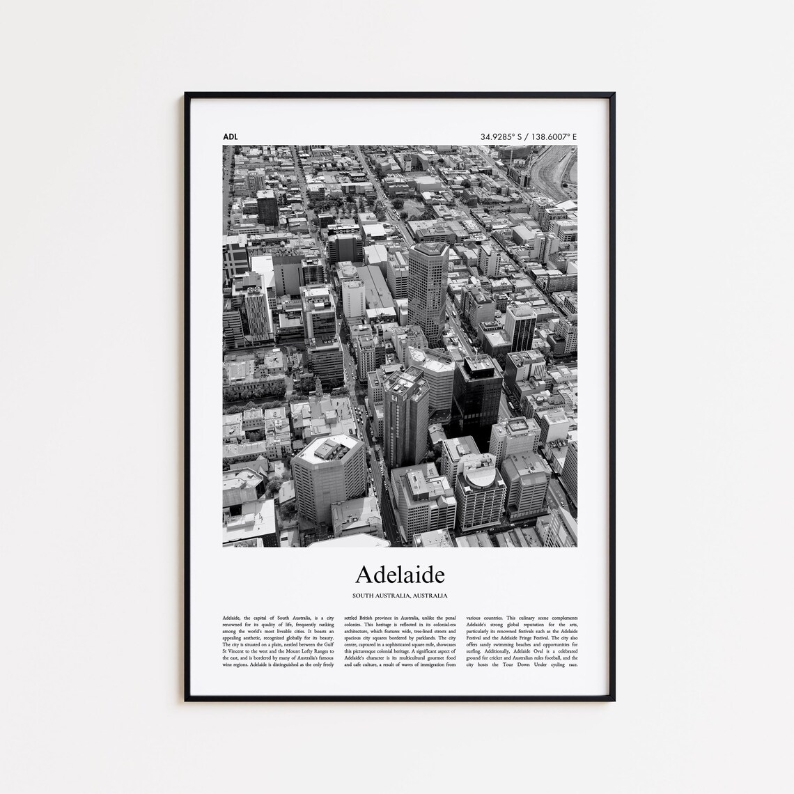 Adelaide City Aerial Black and White Skyline Poster South Australia