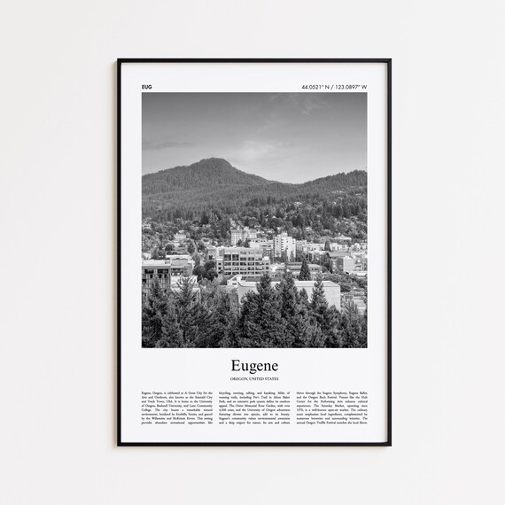 Eugene Oregon Black And White Hillside City Photography Travel Poster