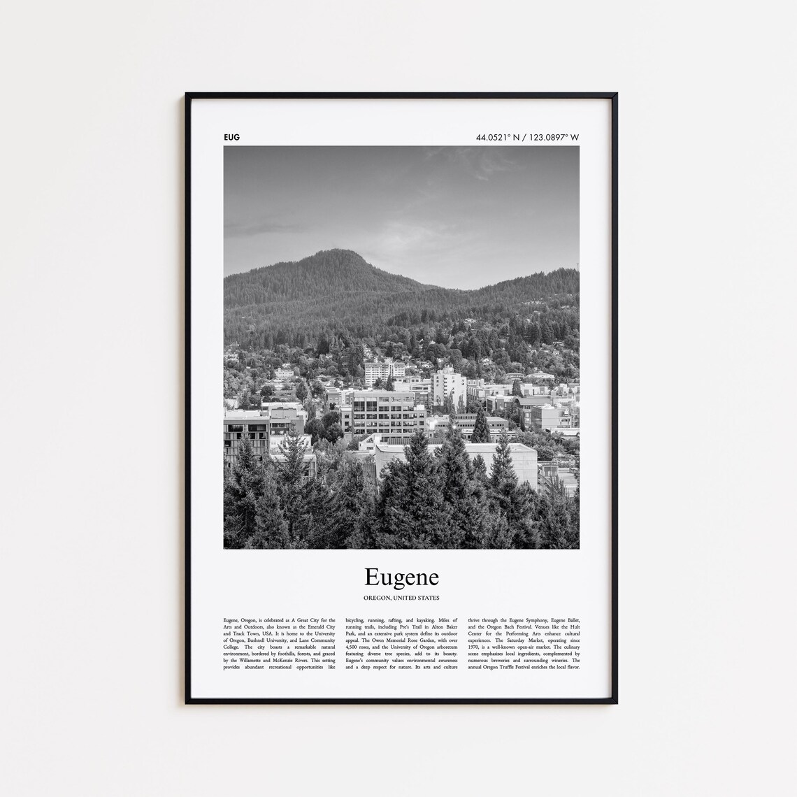 Eugene Oregon Black And White Hillside City Photography Travel Poster