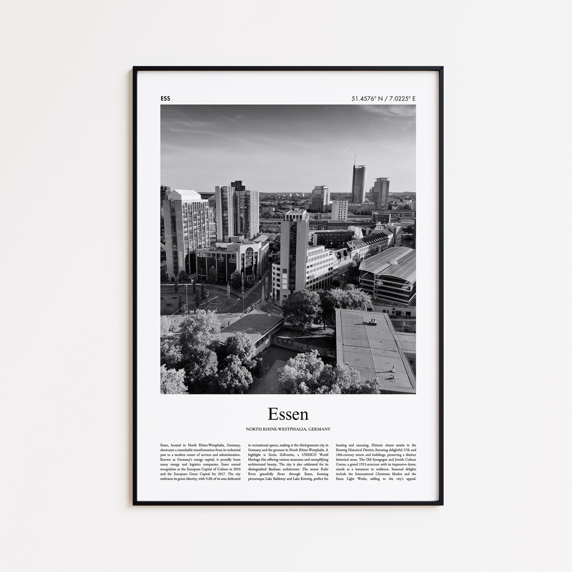 Essen Skyline Modern City Black White Germany Photo Poster Art